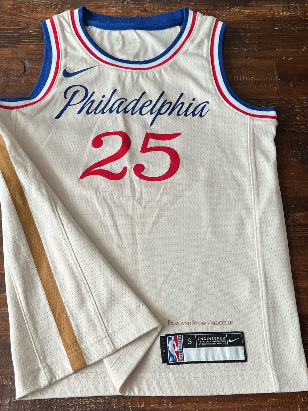 Nike Cream Philadelphia 76ers Jersey with Blue Script and Red Number 25 Youth S